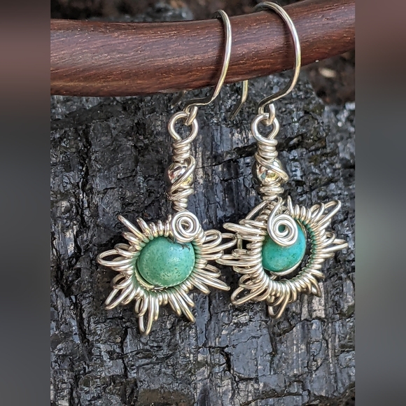 Hand Crafted 925 Sterling Silver Sunburst Earrings Turquoise Gemstone Beads - Picture 11 of 15